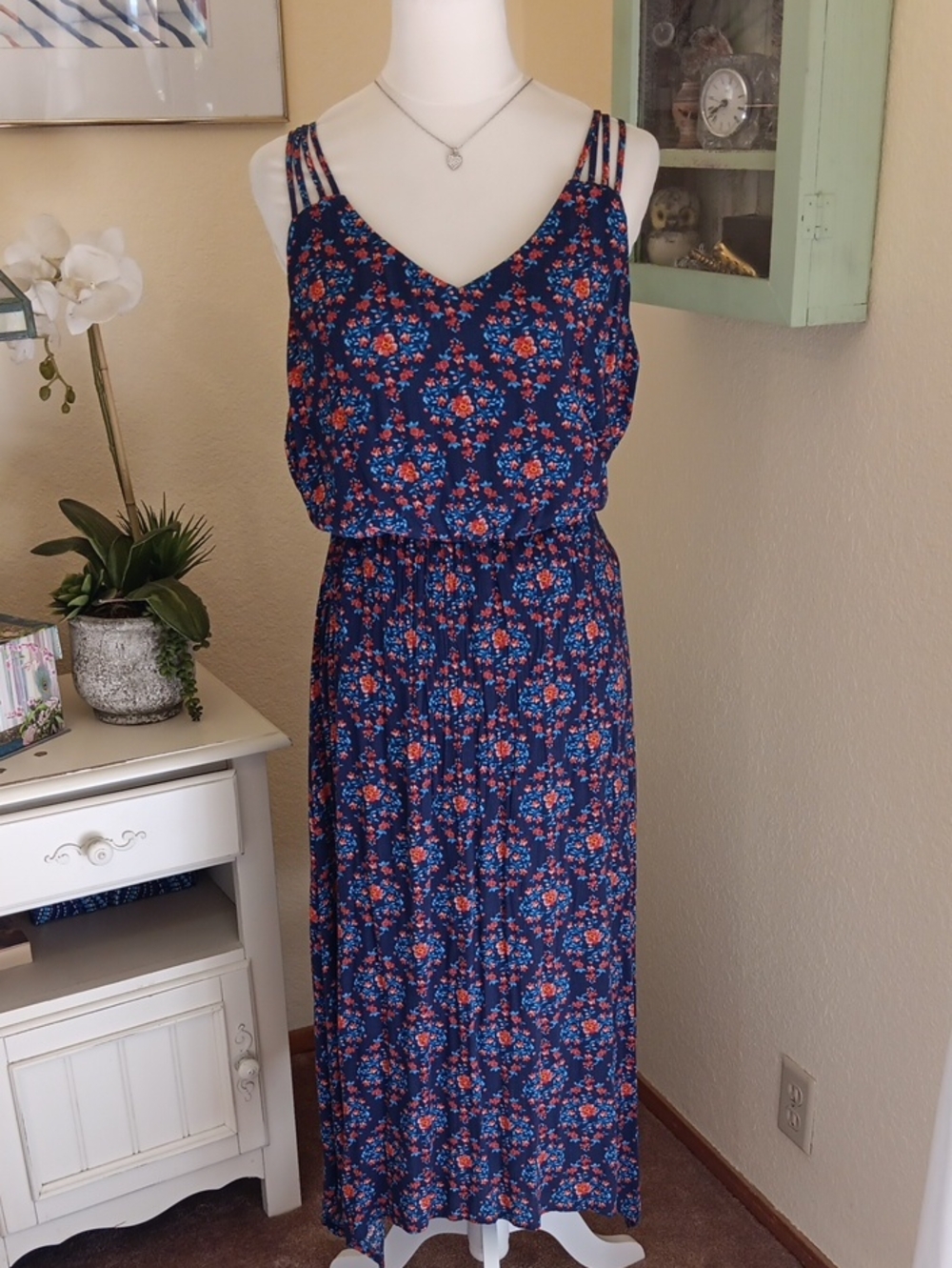 Maurices Navy Blue Flora Maxi Dress with Spaghetti Straps.Cruise.Beachy.Brunch